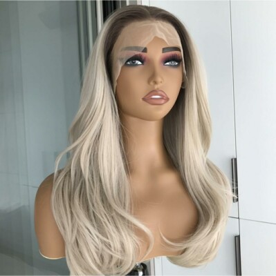 Long Platinum Blonde Wig HD Front Lace Human Hair Blend 
