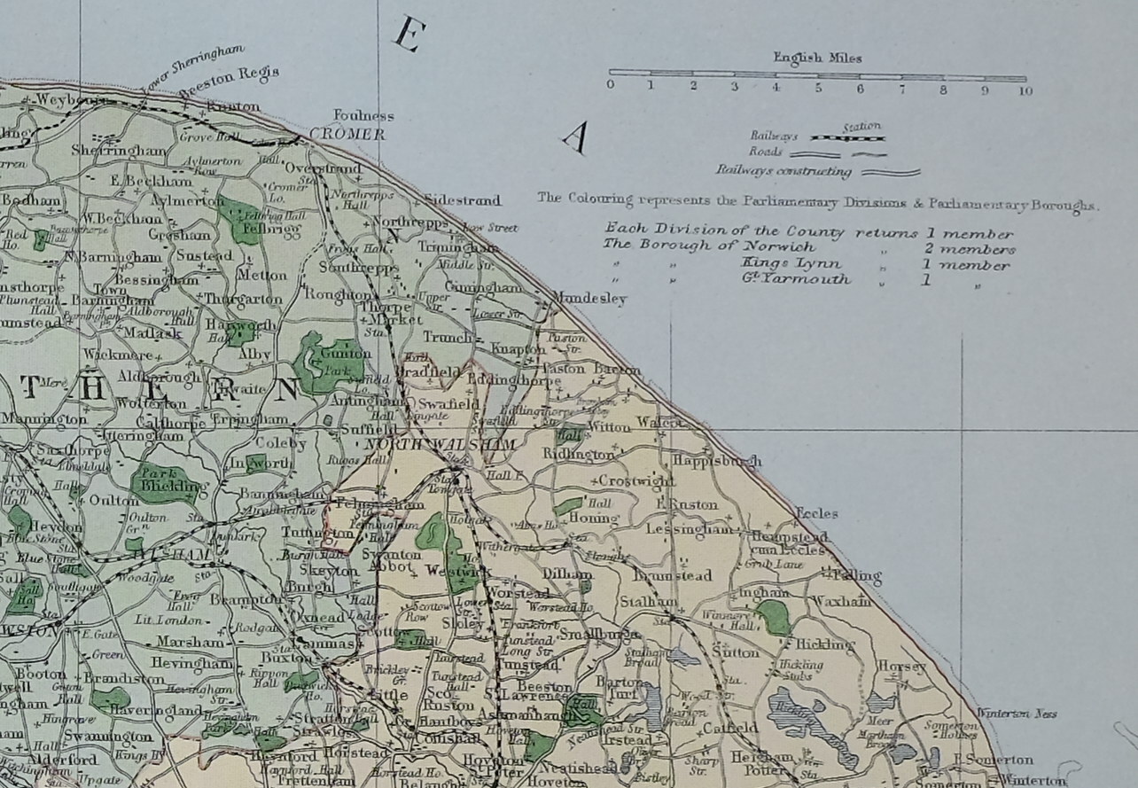 1889 COUNTY MAP NORFOLK SWAFFHAM KINGS LYNN NORTH WALSHAM NORWICH
