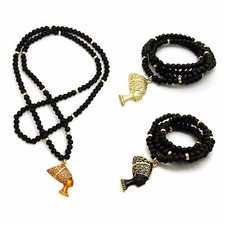 NEW EGYPTIAN NEFERTITI PENDANT & 30" WOODEN BEAD CHAIN HIP HOP NECKLACES