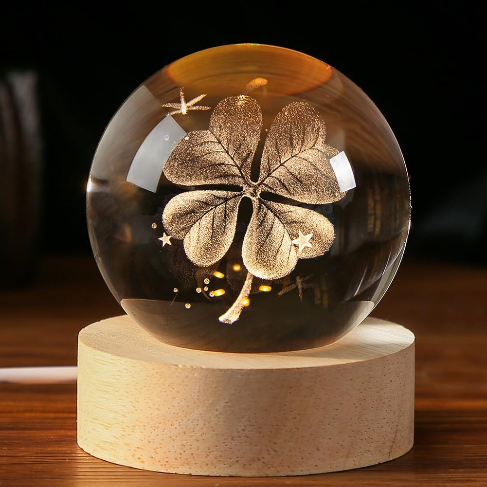 60mm 3D Four-Leaf Clover Crystal Ball with Multicolor Light – Lucky Charm Gift Idea
