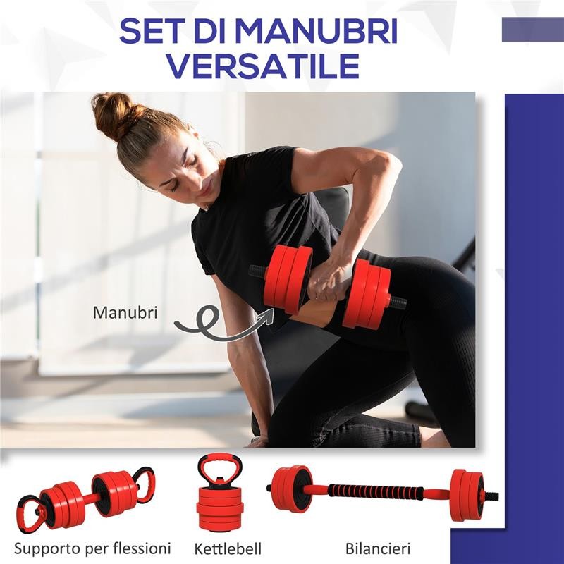 Set Pesi Palestra 4 in 1 20kg: Kettlebell, 2 Manubri, Bilanciere, Supporto Rosso foto 4