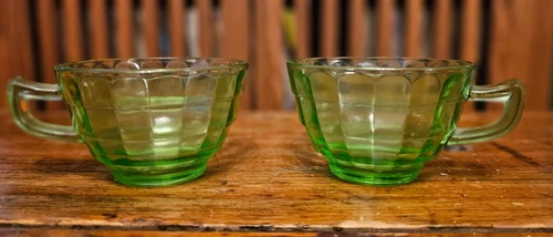 Vintage Anchor Hocking Block Optic Green Uranium Glass Coffee Cup Pair