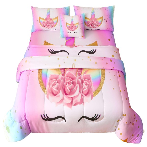 Juegos de edredón de unicornio de 6 piezas, patrón de unicornio rosa 3D, decorativo de 6 piezas Be...