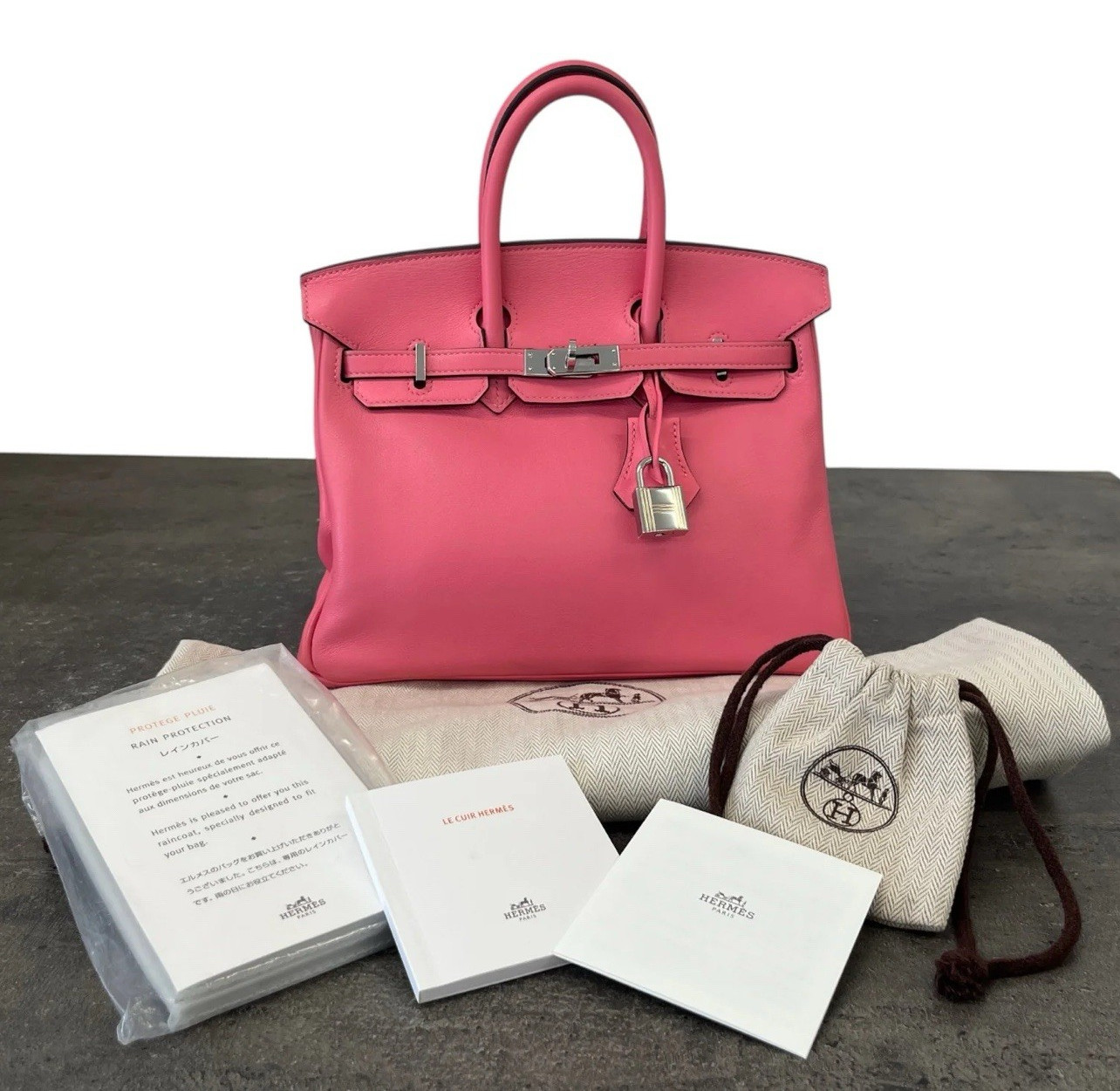 Hermes Birkin 25 Rose Azalee Swift Palladium Hardware Bag