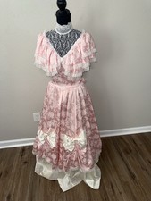 Vtg 80s Gunne Sax Pink Lace Prom Dress High Neck Victorian Bows Coquette Gown 9