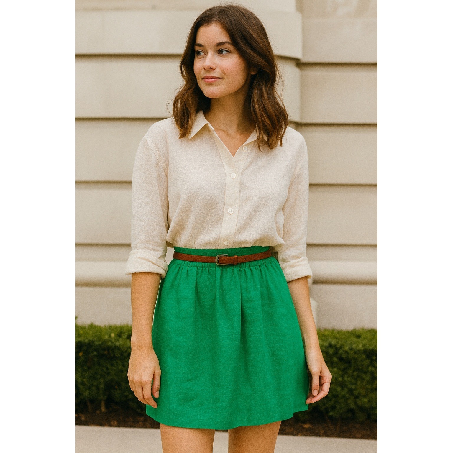 J. Crew Green Linen Blend Skirt Elastic Waist Pockets Size 2 Casual Beach