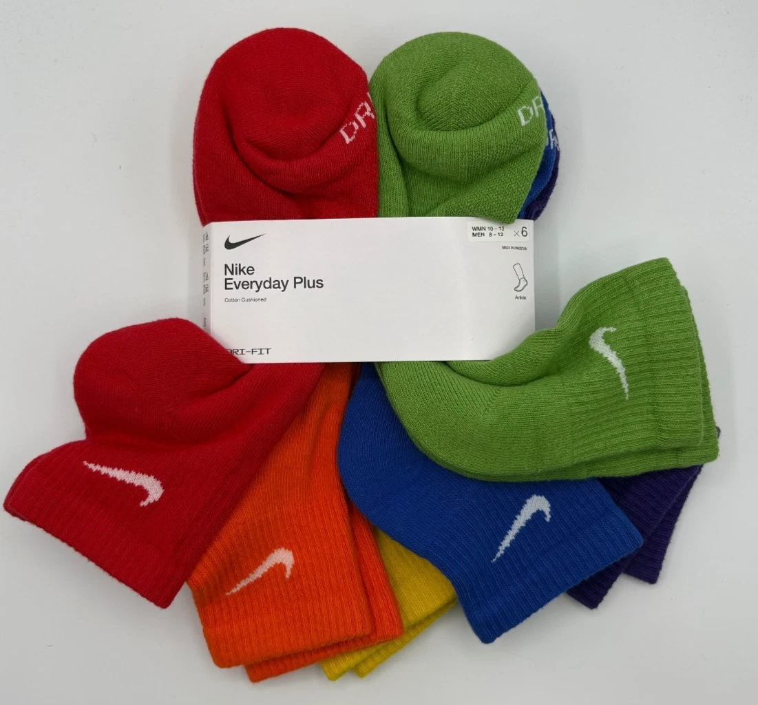 Nike Everyday Cushioned Quarter Socks Rainbow 6 Pairs Men's Size 8-12 SX6899-903