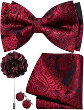 Paisley Bow Tie for Men Silk Woven Pre-tied Bowtie and Pocket Black and Red