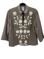 Chico's Jacket Women 2 Large Brown 100 Linen Embroidered Floral Beaded Boxy Fit