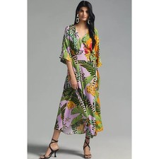 Farm Rio Mixed Striped Bananas Maxi Wrap Dress Tropical Floral Print Midi Size M