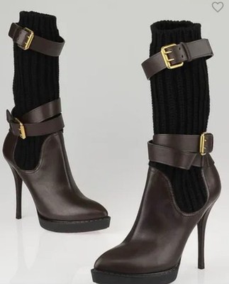 Gucci Brown Lifford Lana Sweater Platform Boots Black Dark Brown Size 38 Knit