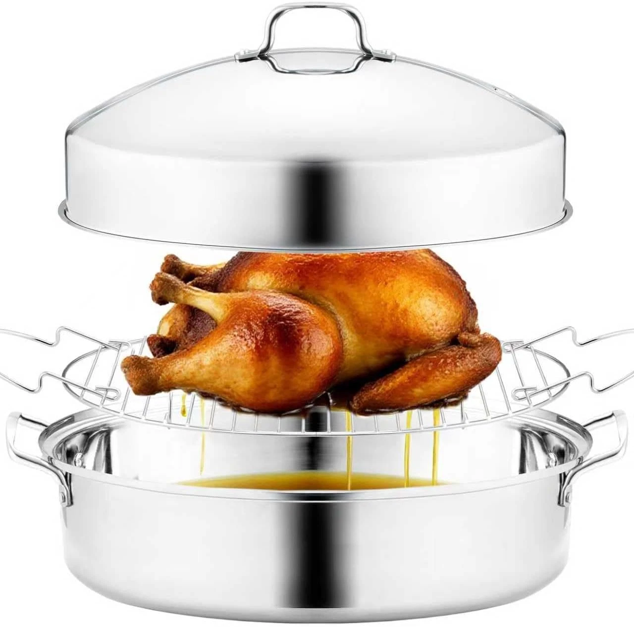22” Large Roasting Pan with Rack and Lid, Stainless Steel Oval Roaster Pan, Nons