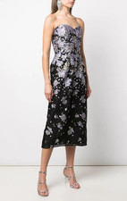 $995 NEW Marchesa Strapless Sweetheart Neck Midi Dress Fil Coupe Black Lilac 12
