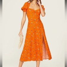 Reformation Lacey Midi Dress Floral Orange Short Puff Sleeve Cottagecore 4