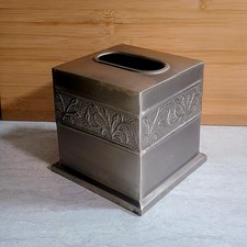 Metal Brushed Silver Floral Embossed Square Tissue Box Cover, Freestanding