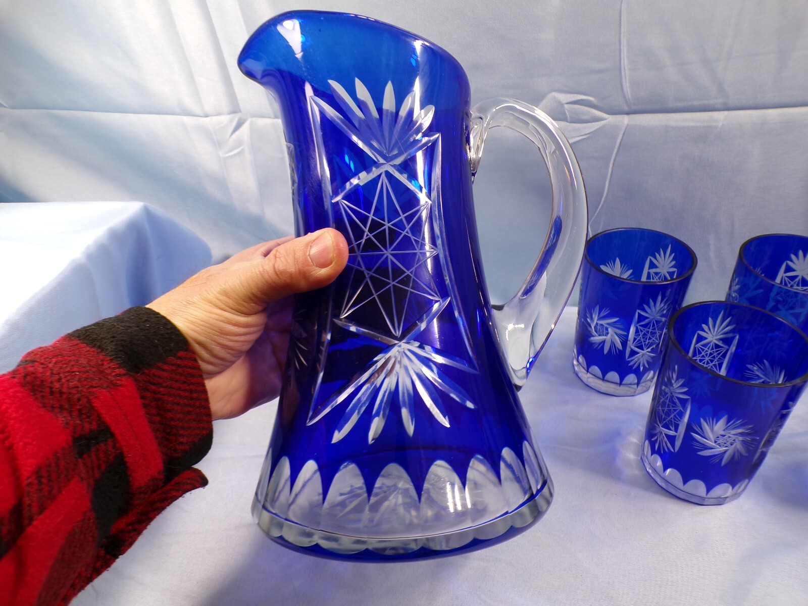Cobalt Blue Cut to Clear Crystal Water Set - Pitcher & 5 Tumblers