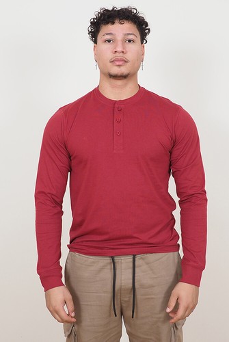 Mens Long Sleeve Cotton T-Shirt Regular Fit Crew Neck or Henley Top Lounge Work - Picture 64 of 72