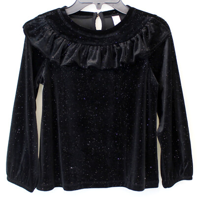 J.Crew Crewcuts Girls BLACK Sparkly Velvet Ruffle Neck Long Sleeve Top Size 6-7
