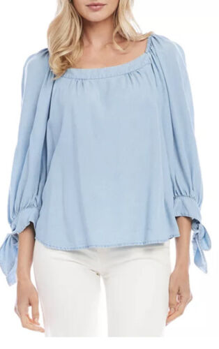 Karen Kane Blue Peasant Blouse Women’s Off the Shoulder Tie Sleeve Size M - NWT - Picture 1 of 8