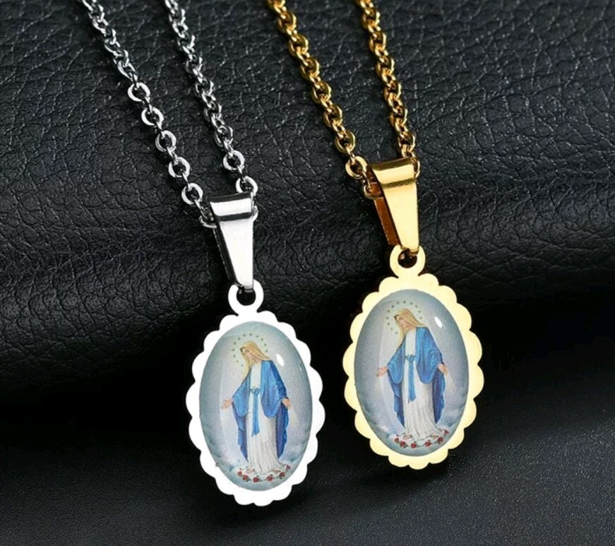 Stainless Steel Virgin Mary Necklace MADONNA JESUS CATHOLIC CHRISTMAS ...