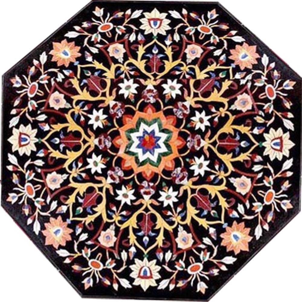 48-Inch Marble Coffee Table Top with Semi-Precious Stone Inlay for Elegant Home Decor