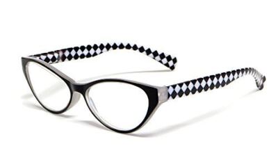 Calabria Emily Designer Cateye Reading Glasses Black/Crystal&White Checkers+2.75