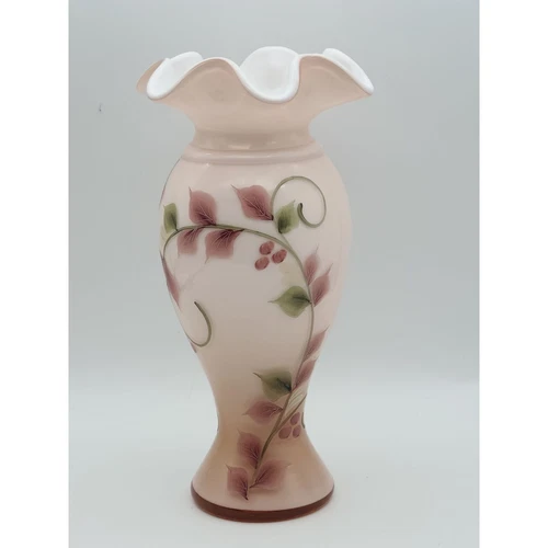 Fenton Vase Pink Glass Case Overlay Hand Painted Floral Ruffle Top Artist Signed