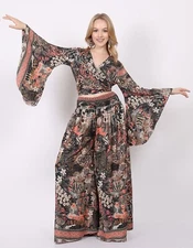 Women's Printed Two Piece Deep V Neck Wrap Top & Wide Leg Pant Set Assorted Lot