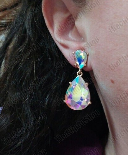 CLIP ON Retro 4cm RAINBOW CRYSTAL Drop EARRINGS AB Gold Tone Vintage Style - Picture 16 of 23