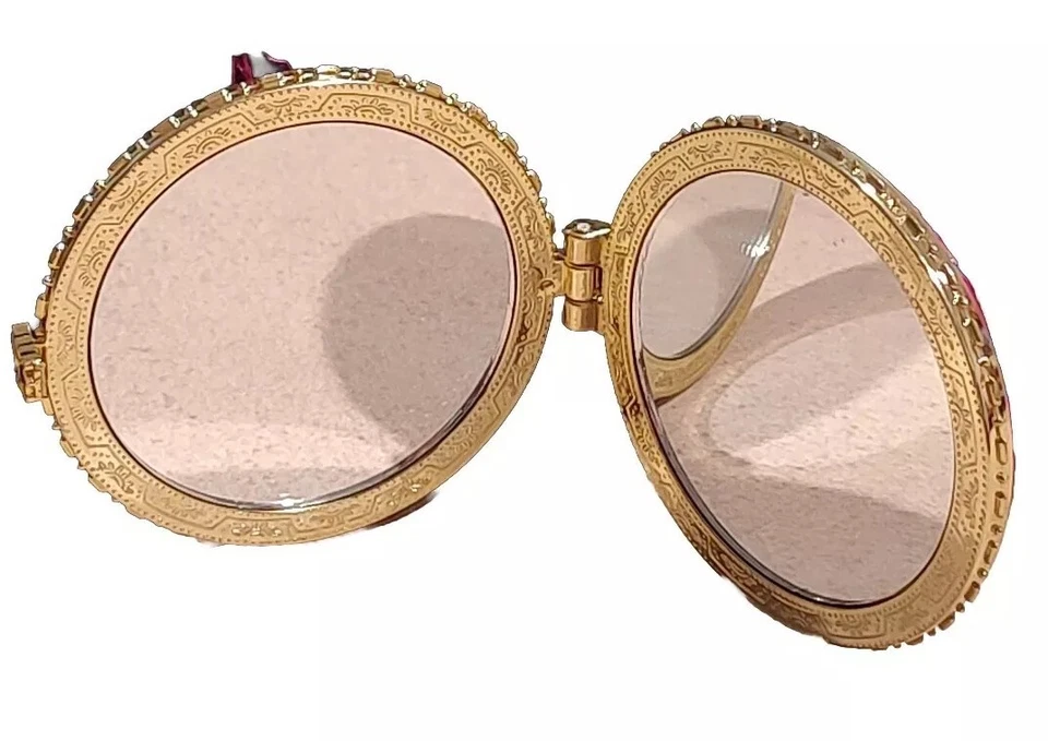 Deluxe Double Mirror Compact Brocade Magenta Green Silver Butterfly Latch Vintag - Image 3 of 4