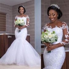 Luxury Mermaid Wedding Dresses Long Sleeves Pearl Applique Plus Size Bridal Gown