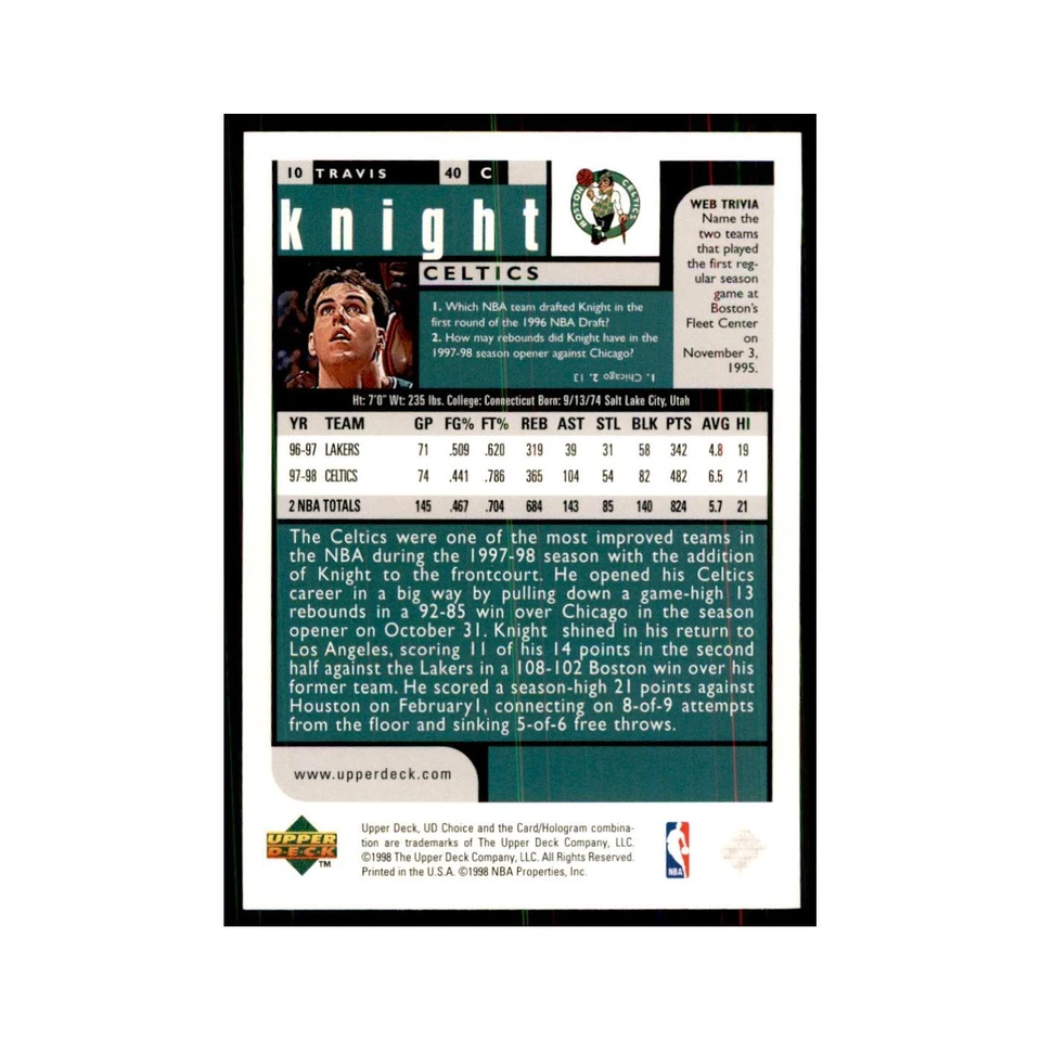 1998 UD Choice Travis Knight Basketball Cards #10 - Image 2 of 3