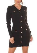 Women's Faux Knit Button-Up V-Neck Mini Dress 1319 New