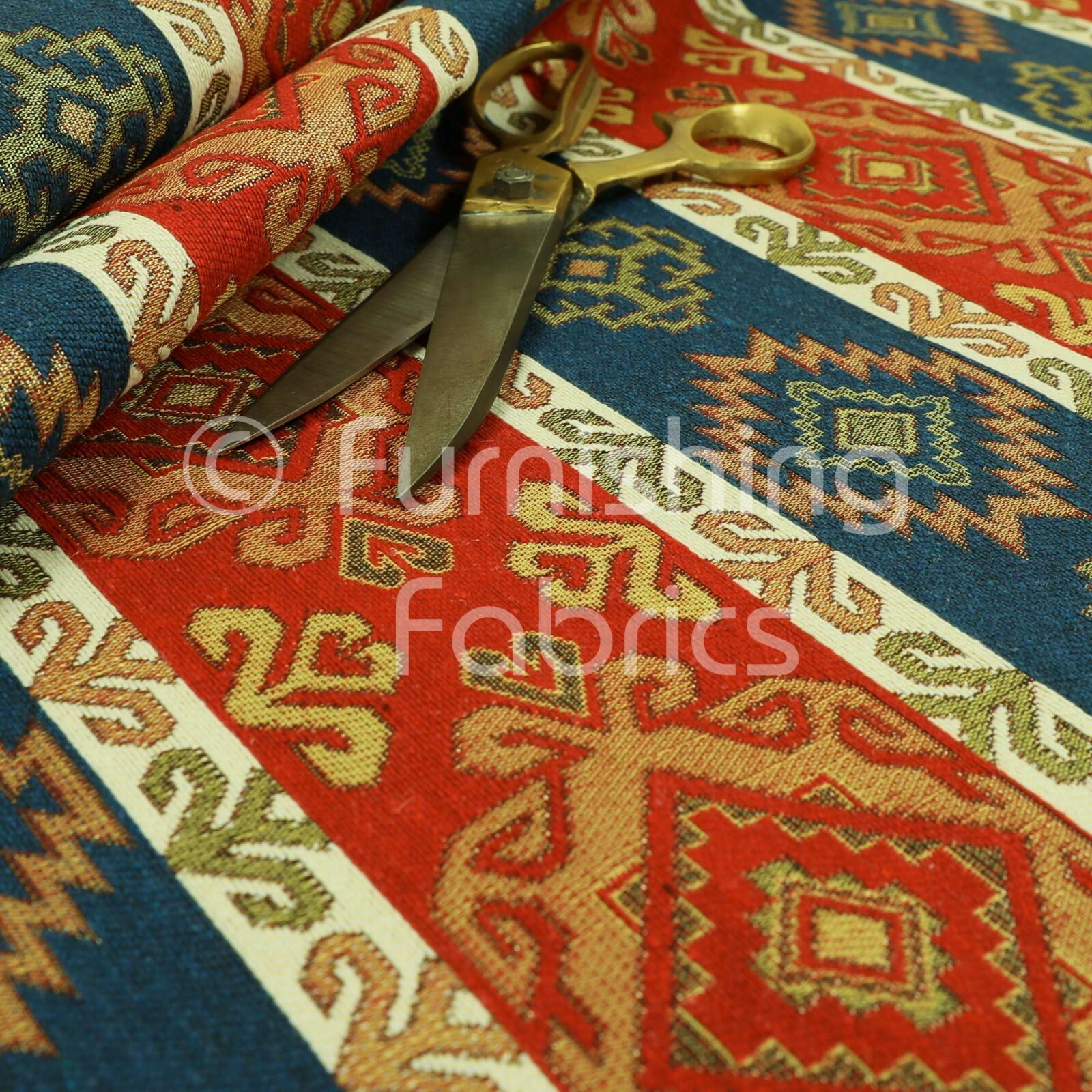 Fire Treated Red Blue White Traditional Kilim Stripe Upholstery Curtain Fabric