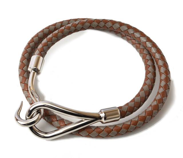 Hermes Bangle/Bracelet HERMES Jumbo Bracelet Braided Leather Brown/Gray Silv...