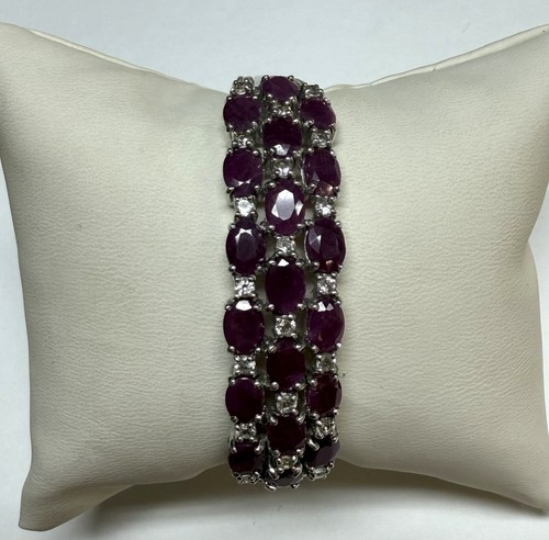 Sterling Silver Natural Ruby And White Topaz Hinged Cuff Bracelet 7.25”