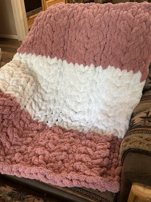 Chunky Knit Textured Colorblock Sofa Throw Blanket, Pink & White Rectangle
