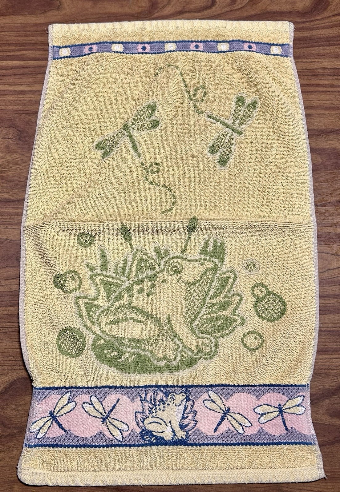 Vintage Hand Towel Set 2 90s Frog Frog Lovers Dragonfly Cotton Terry W Border