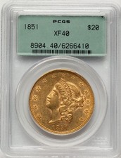 1851 $20 Green Label Liberty Double Eagle PCGS XF40