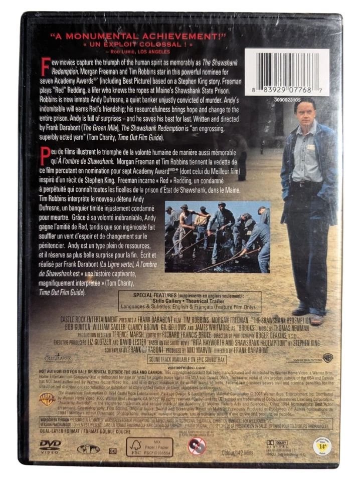 The Shawshank Redemption (DVD, 1994) Tim Robbins, Morgan Freeman - Image 2 of 2