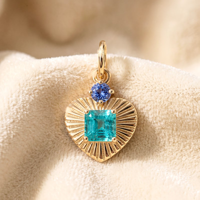 9K Yellow Gold Natural Emerald &Blue Sapphire Heart Fluted Pendant, Luxury Gift