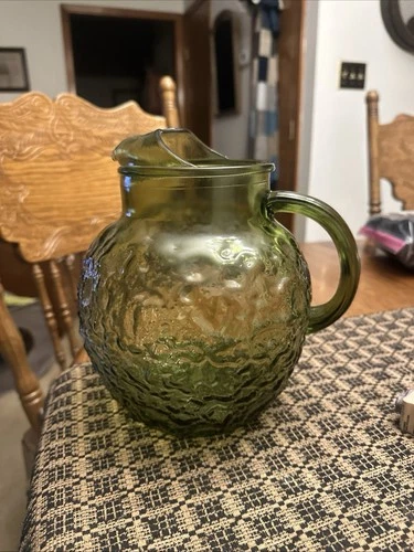 Vintage Anchor Hocking Milano Glass Ball Jug Water Pitcher Avocado Green