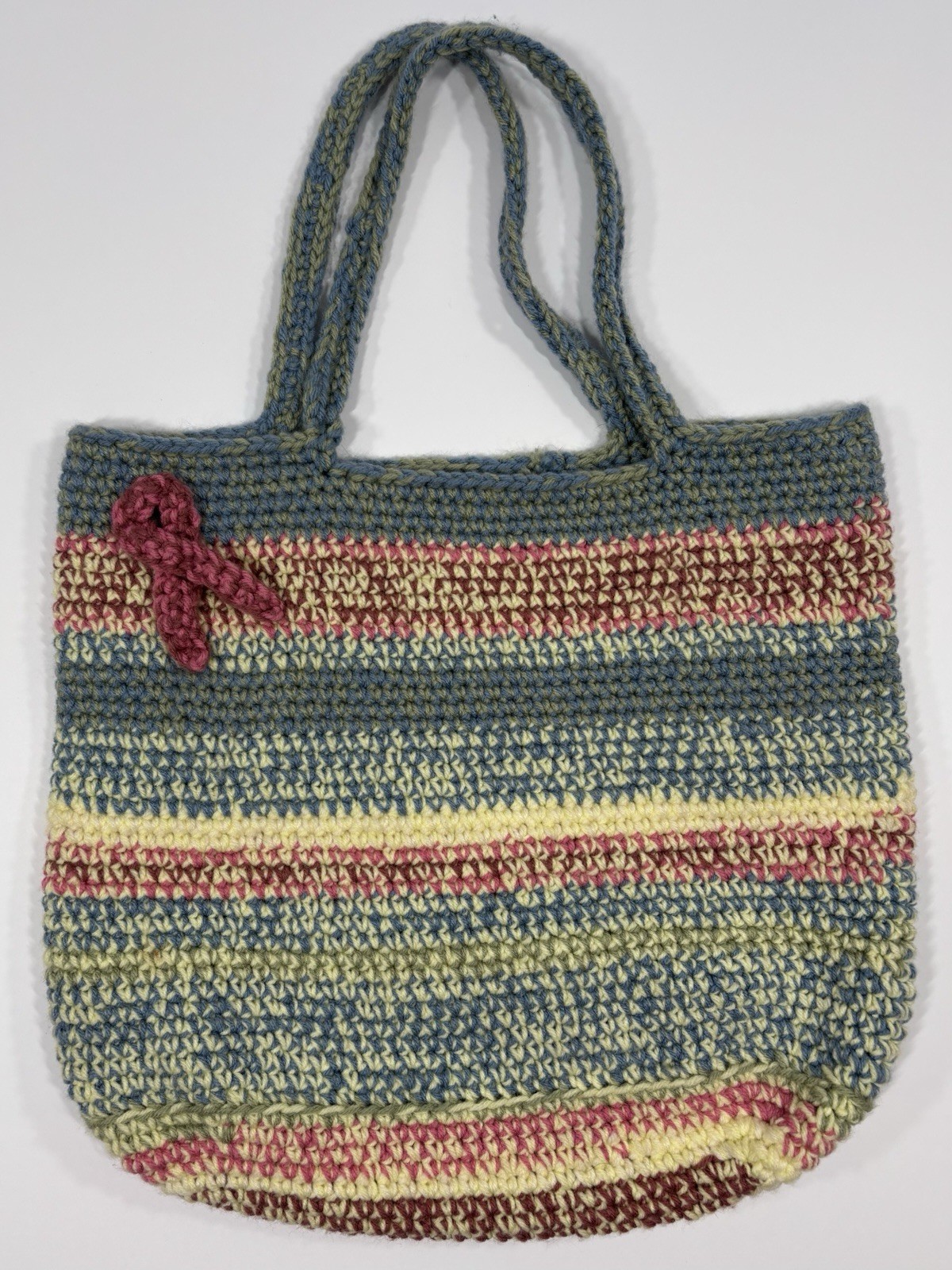 Handmade Crochet Shoulder Bag With Ribbon Boho Blue Pink Multicolored Purse