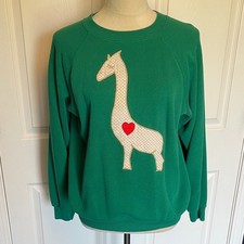 Vintage Hanes Green Crewneck Sweatshirt Giraffe Appliqu  Red Heart Size Large