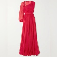 Alexander McQueen $7800 Silk Chiffon One-Shoulder Gown Red belted Dress IT38/US2