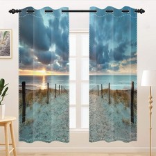 Ocean Beach Window Curtains Summer Seaside Sunset Scenic Blue Sky Nature Sunl...