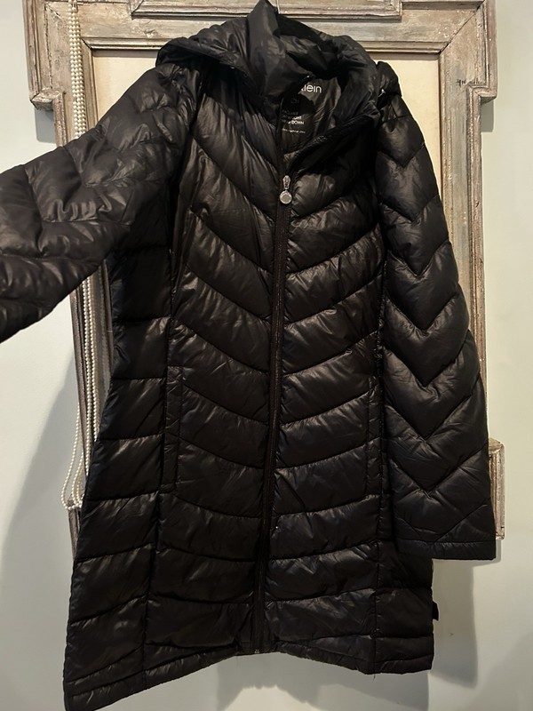 Calvin Klein Packable Down Puffer Coat Gray Long Jacket Womens Small Zip EUC