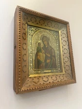 Antique Russian Orthodox Christian Icon Virgin Mary & Christ –Wood Frame & Glass