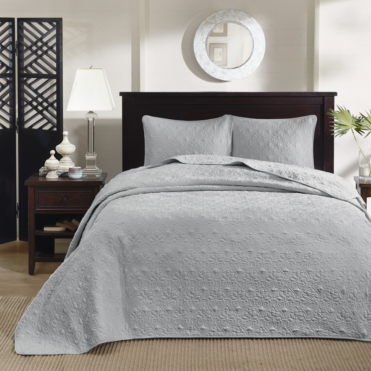 Reversible Queen Bedspread Set Grey Cotton 3 Piece Quilted Bedding Oversized