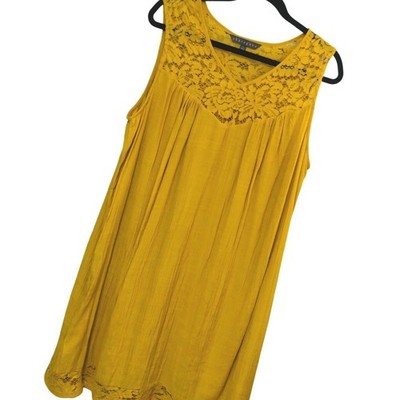 Sharagano Mustard Yellow Gauze Midi Dress Lace Boho Romantic  Relaxed Womens 1X